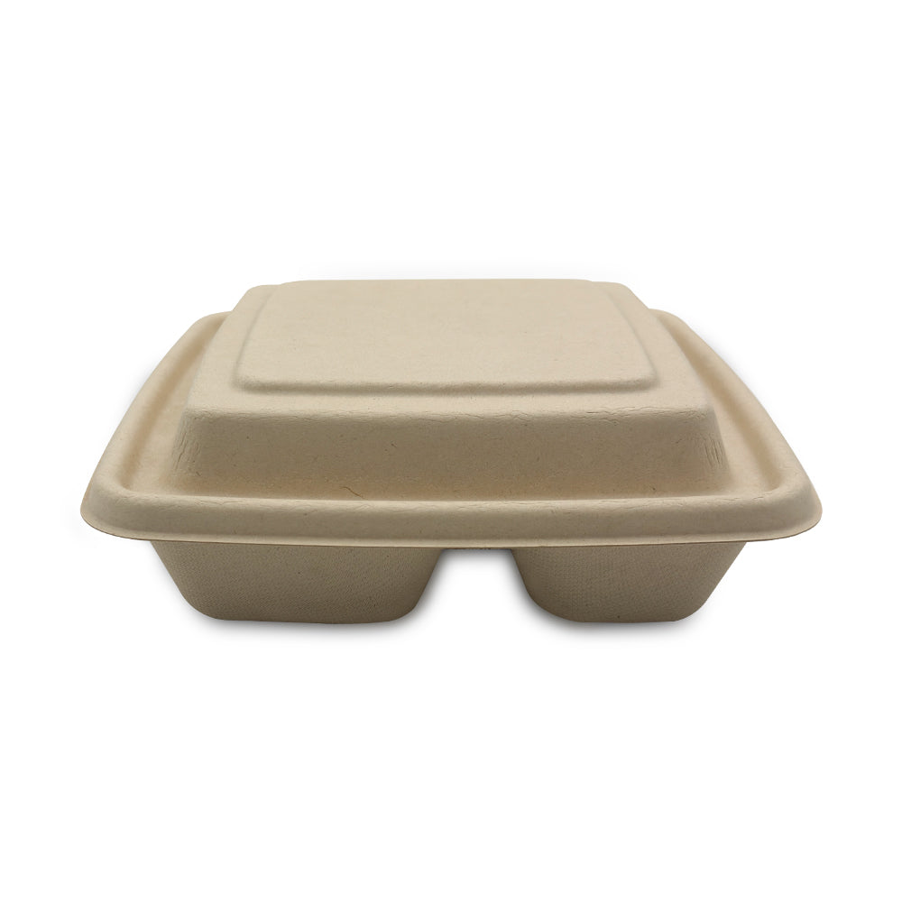 Beige biodegradable food container on a white background