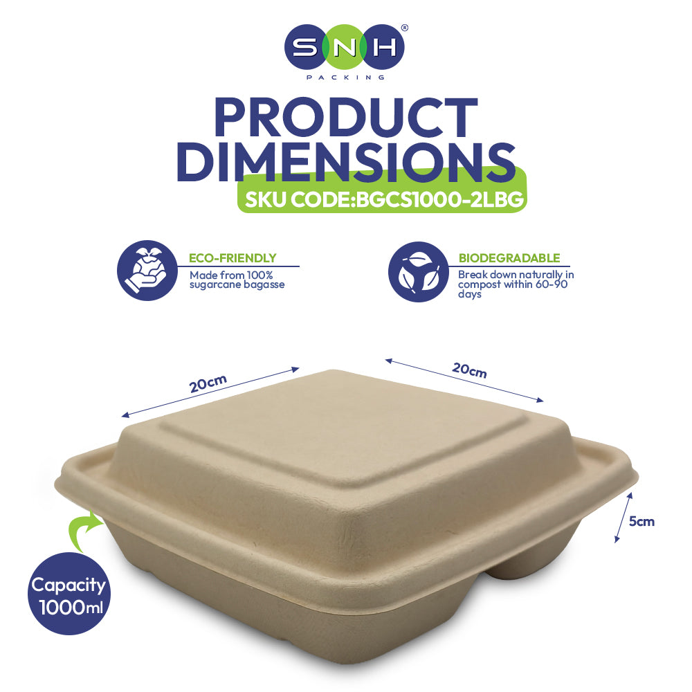 Biodegradable food container with dimensions and eco-friendly features on a white background