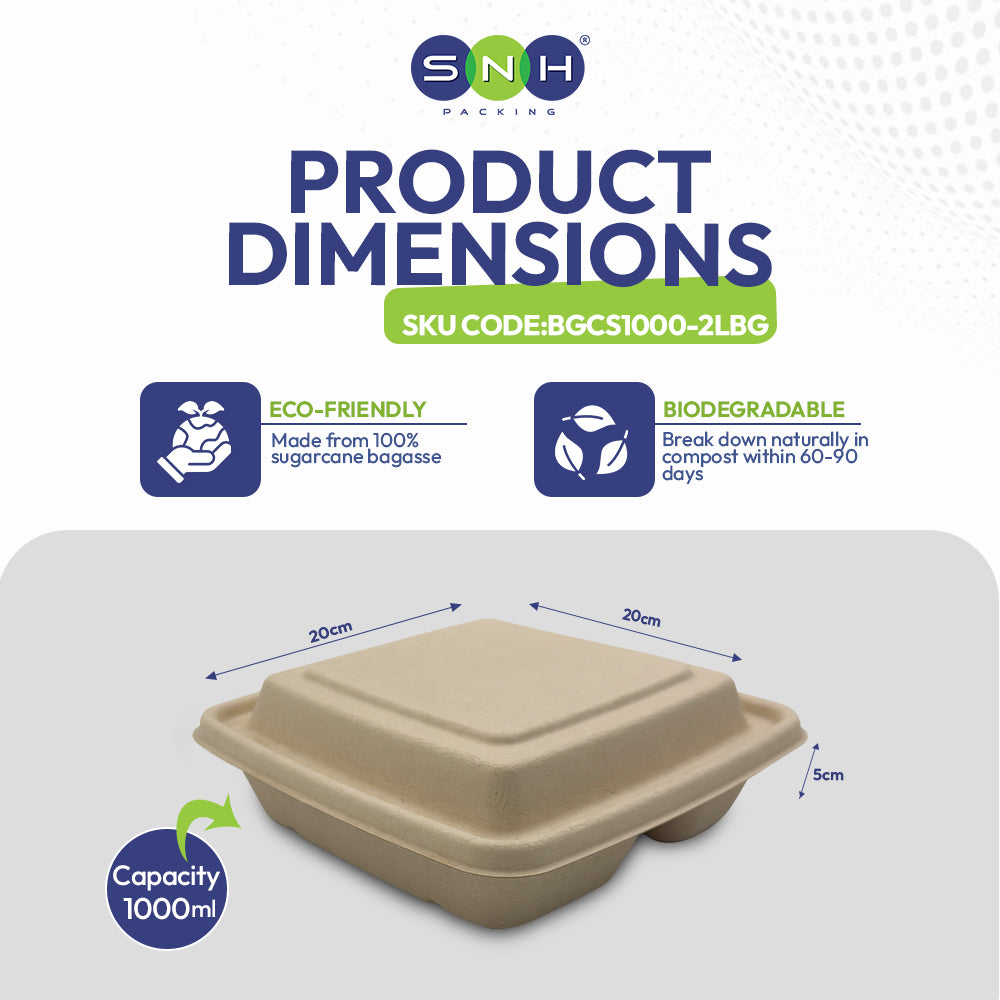 Eco-friendly food container with dimensions and SNH branding on a white background