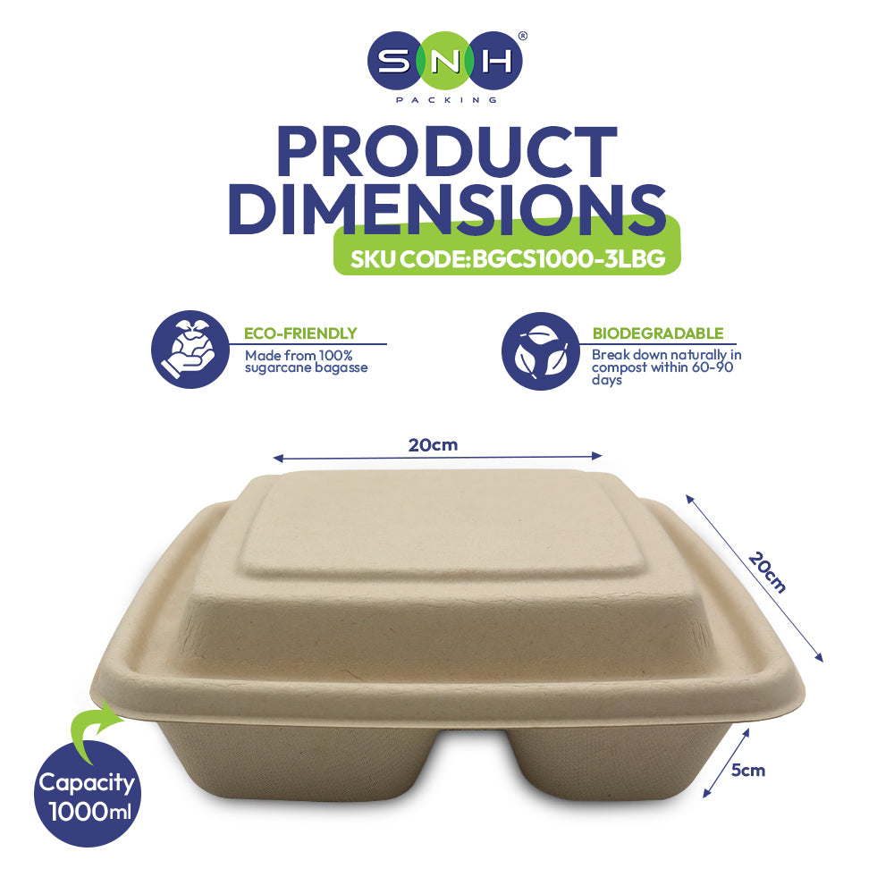 Bio-based packaging container with dimensions and eco-friendly features on a white background