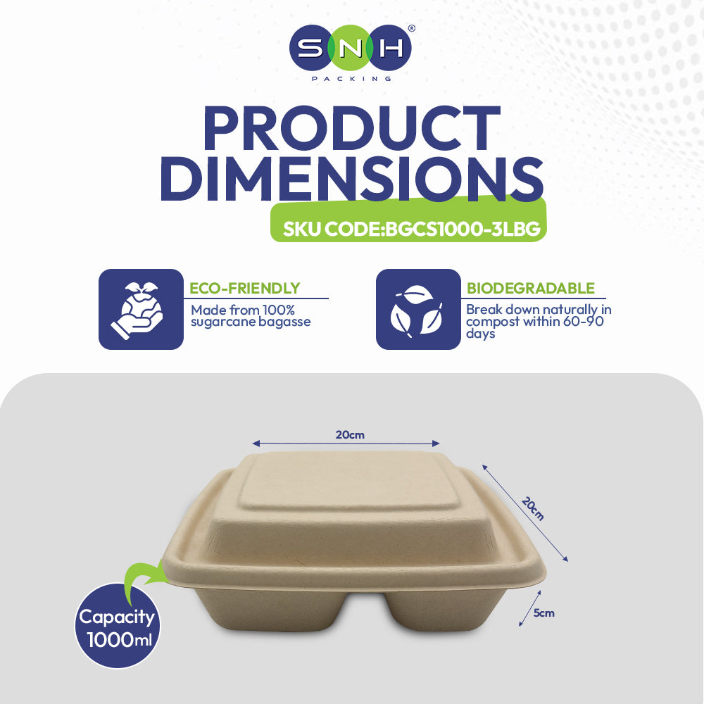 SNH Packaging product dimensions with eco-friendly and biodegradable features on a white background.