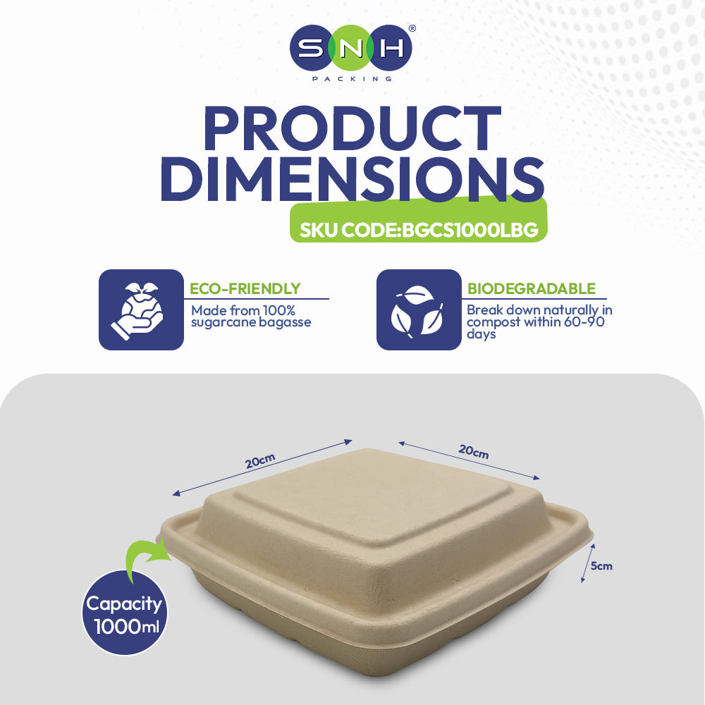 Eco-friendly food container with dimensions and SNH branding on a white background