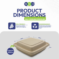 Eco-friendly food container with dimensions and SNH branding on a white background