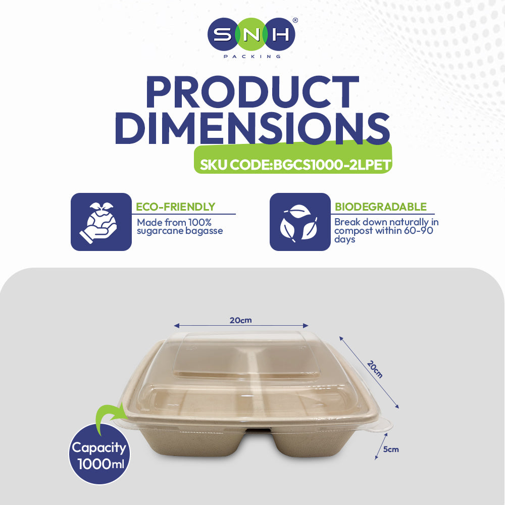 SNH Packaging product dimensions with eco-friendly and biodegradable features on a white background