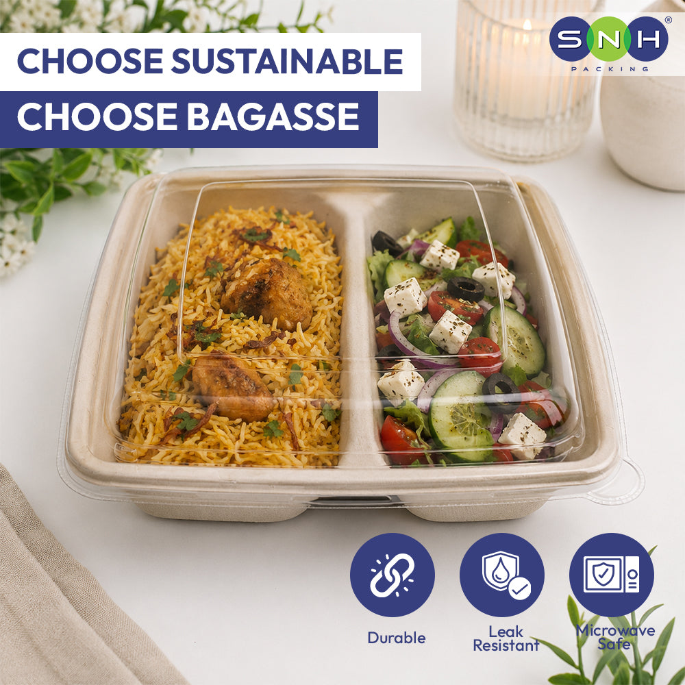 Biodegradable food container with compartments of food, featuring SNH Packaging logo and sustainability benefits.