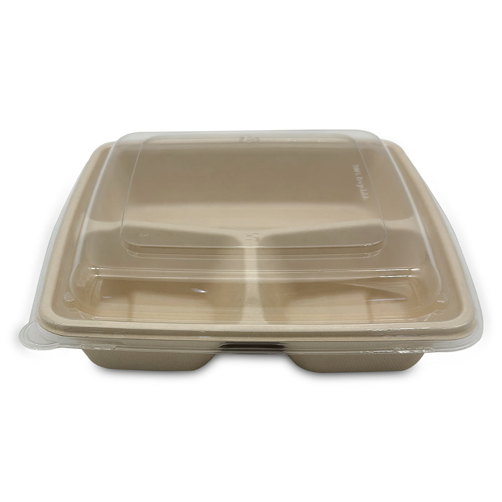 Beige food container with a clear lid on a white background