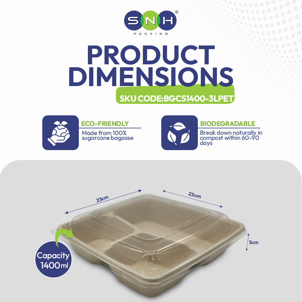 SNH Packaging product dimensions with eco-friendly and biodegradable features on a white background.