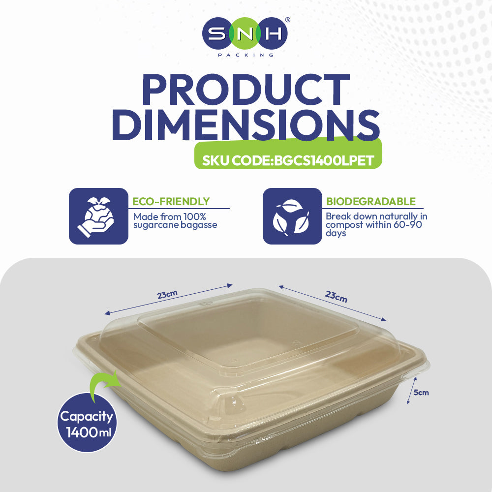 SNH Packaging product dimensions with eco-friendly and biodegradable features on a white background