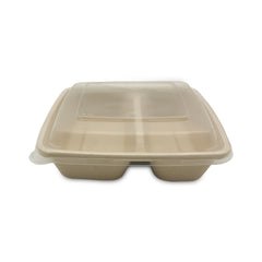Beige compostable food container with lid on a white background
