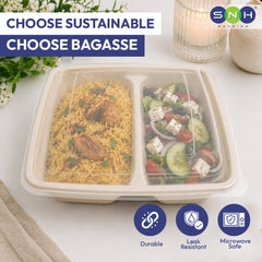 Biodegradable food container with compartments of food, featuring SNH Packaging logo and sustainability benefits.