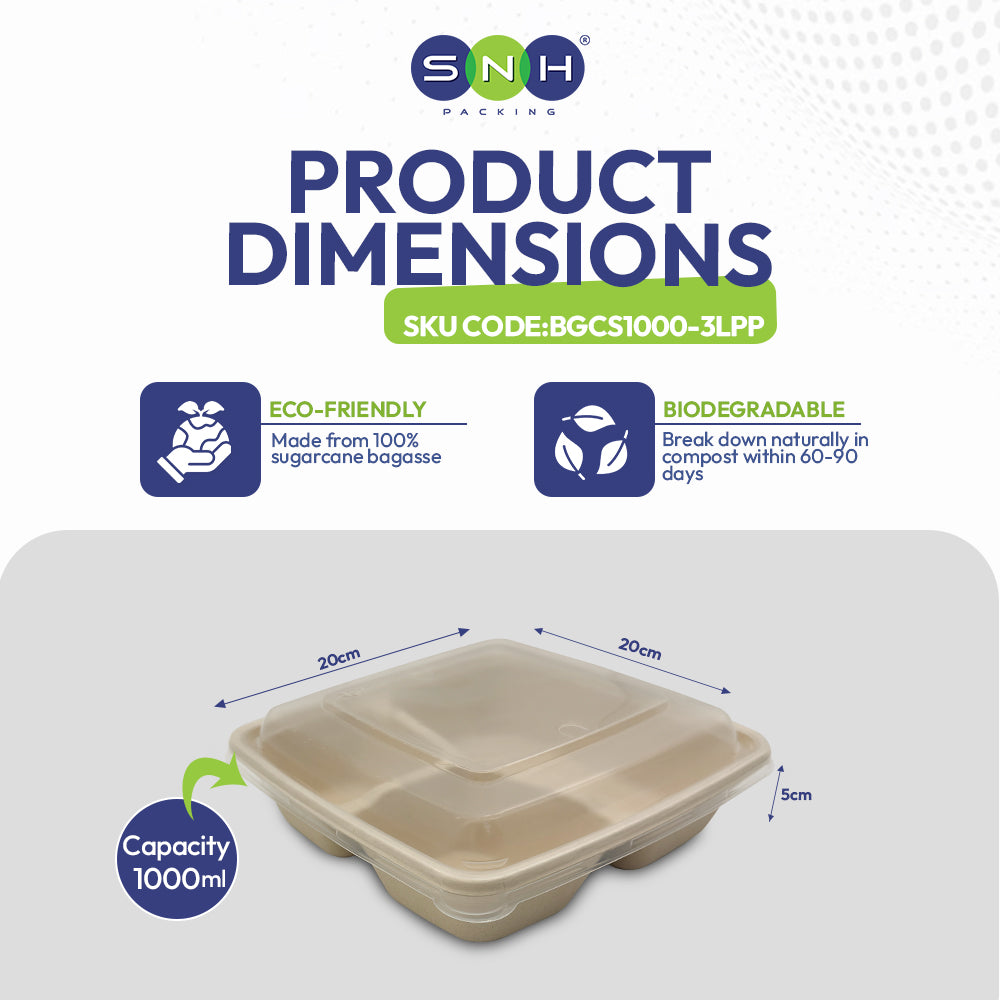 Product dimensions of a biodegradable container with SNH branding and eco-friendly features.
