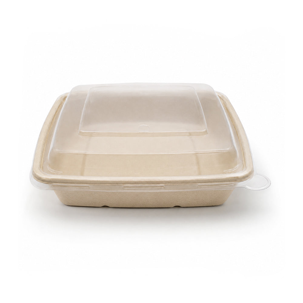 Beige compostable food container with a clear lid on a white background