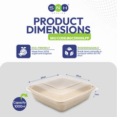 Product dimensions of a biodegradable container with SNH branding and eco-friendly features.