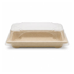 A square kraft paper food tray with a clear plastic clamshell lid, shown on a clean white background.