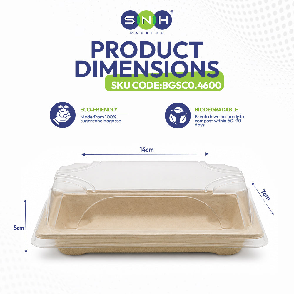A clear plastic clamshell tray with a beige biodegradable paper tray base, shown with dimension labels indicating 14cm width, 7cm depth, and 5cm height on a white background with SNH PACKING branding and product dimensions text.