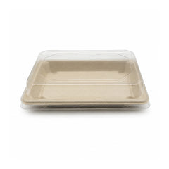 A stack of two square disposable food trays with clear plastic lids, shown on a plain white background.