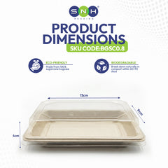 A biodegradable plastic clamshell food tray from SNH Packaging, shown with dimension lines indicating 15cm length, 9cm width, and 4cm height on a white background.