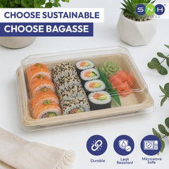 A clear plastic clamshell food tray holding sushi rolls, pickled ginger, and wasabi, shown on a white surface with decorative plants and text overlays reading 'CHOOSE SUSTAINABLE CHOOSE BAGASSE' and feature icons for durability, leak resistance, and microwave safety.