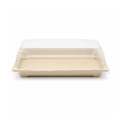 A rectangular beige biodegradable food tray with a clear plastic clamshell lid, shown on a plain white background.