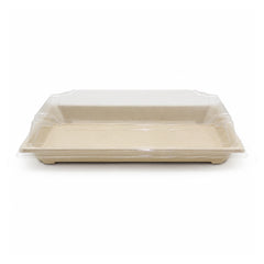 A rectangular beige paperboard tray with a clear plastic dome lid, shown on a plain white background.