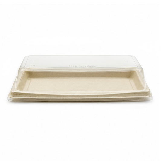 A square, biodegradable compostable tray made of natural fiber, featuring a clear, transparent plastic lid that is slightly domed, set against a plain white background.