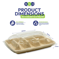 Biodegradable packaging container with dimensions and eco-friendly labels on a white background