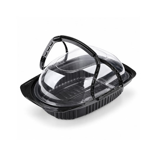 A black plastic food tray with a clear, domed lid and integrated black carrying handles