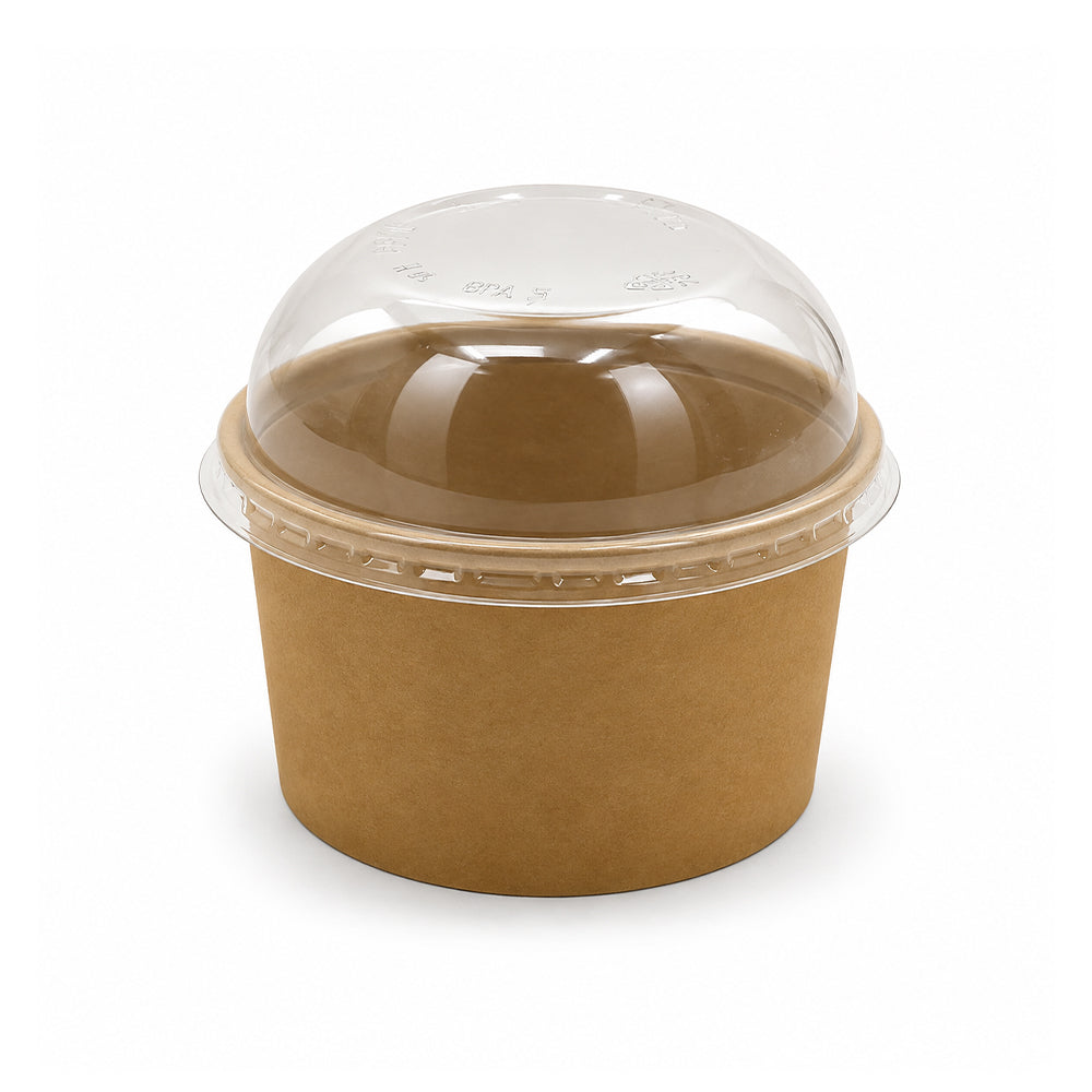A small round kraft paper cup with a clear plastic dome lid