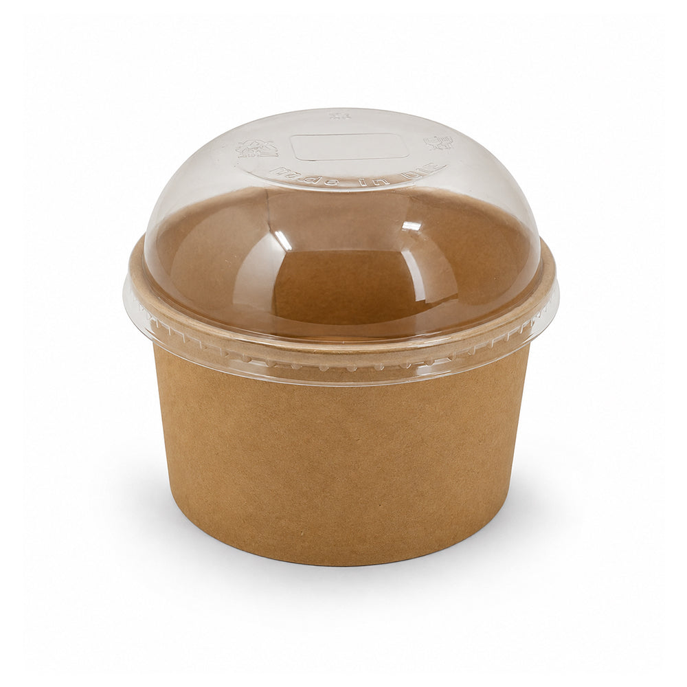 A small brown kraft paper food container with a clear plastic dome lid