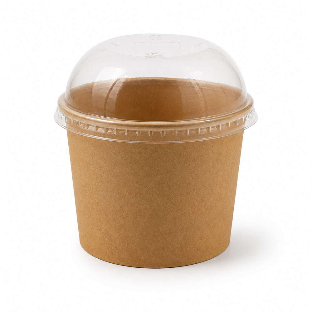A small kraft paper food container with a clear plastic dome lid