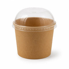 A small kraft paper food container with a clear plastic dome lid