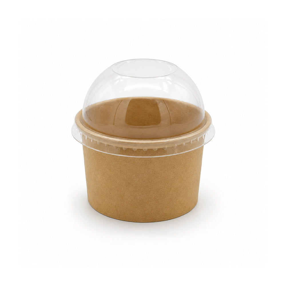 A small kraft paper cup with a clear plastic dome lid
