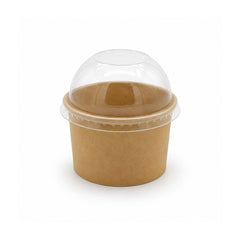 A small kraft paper cup with a clear plastic dome lid