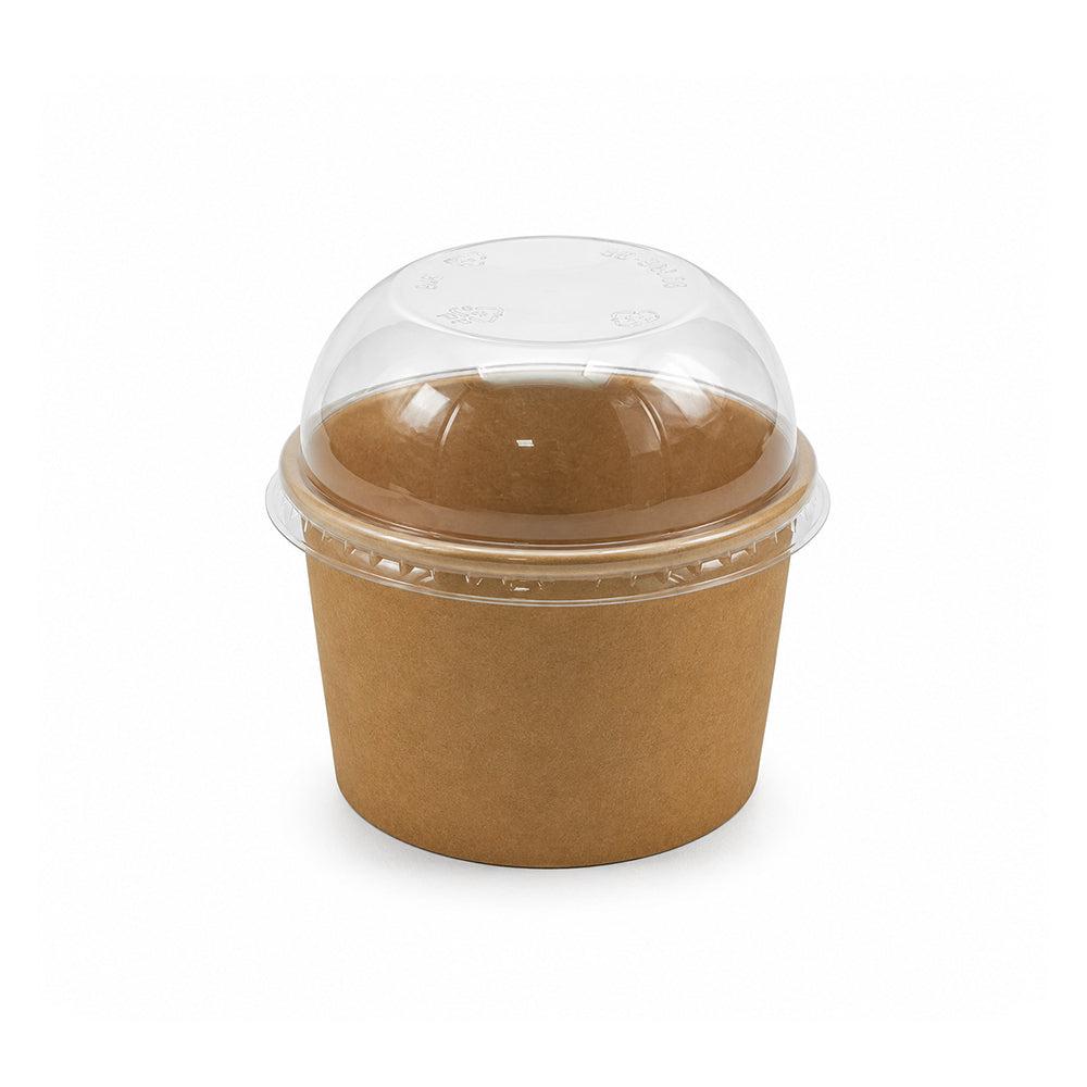 A small brown kraft paper cup with a clear plastic dome lid
