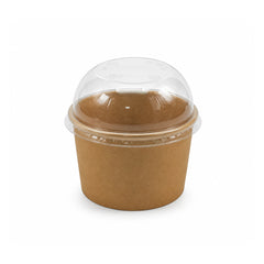A small brown kraft paper cup with a clear plastic dome lid