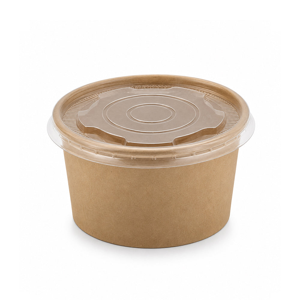 A round brown kraft paper food container with a clear plastic lid