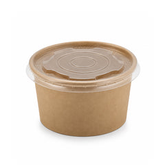 A round brown kraft paper food container with a clear plastic lid