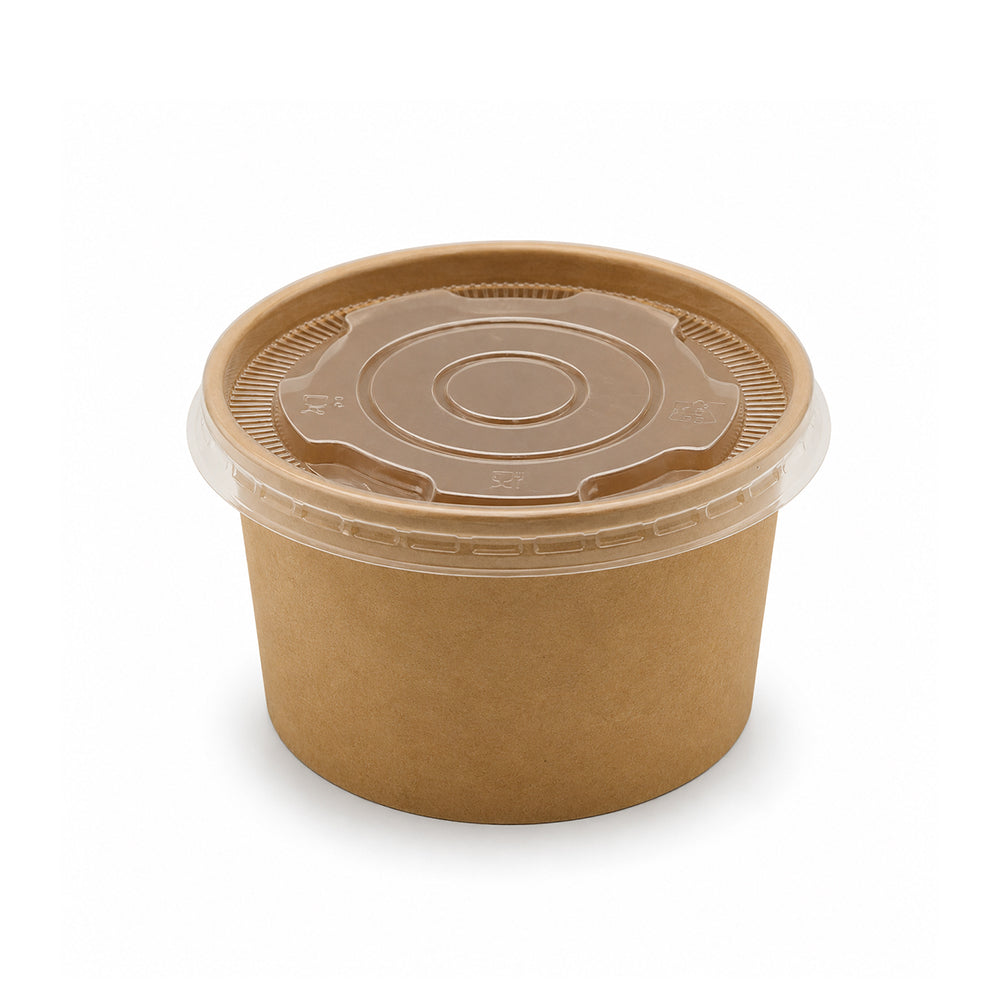 A small round brown kraft paper food container with a clear plastic lid