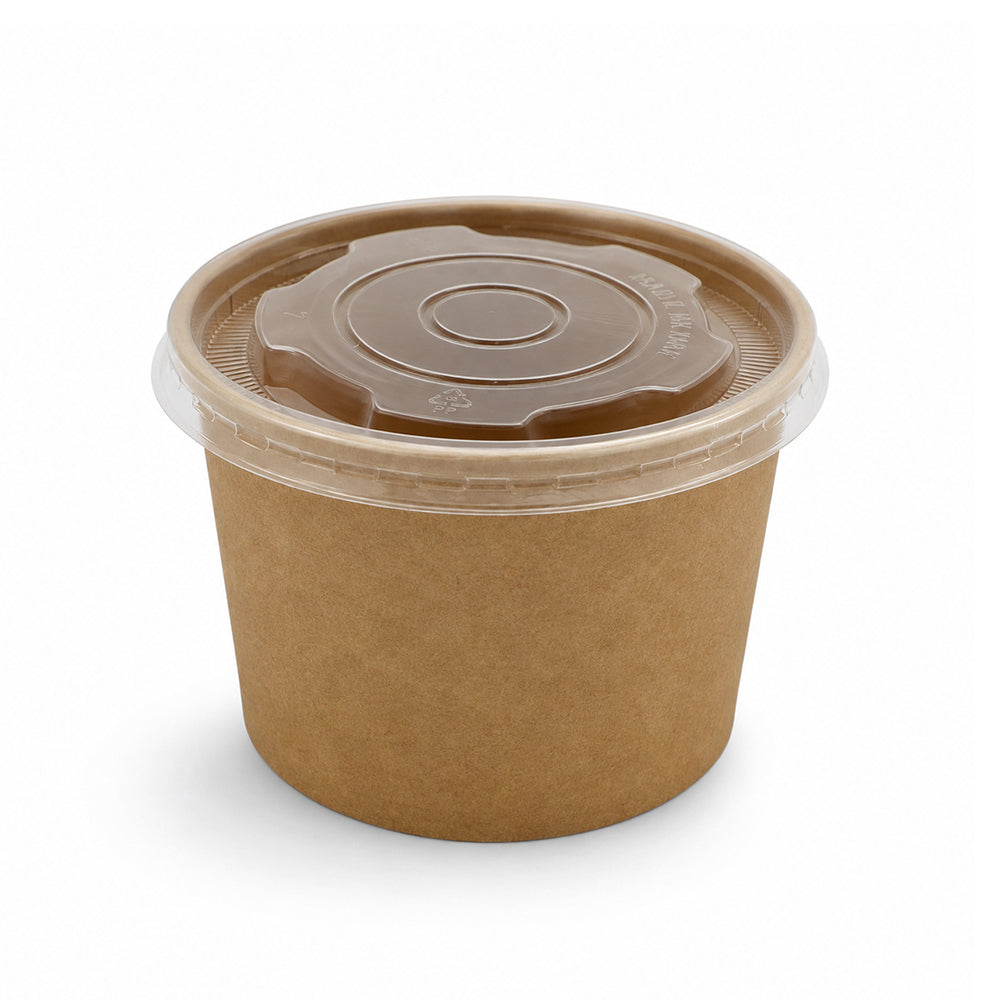 A small round brown kraft paper cup with a clear plastic lid
