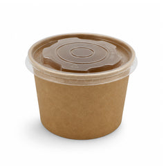 A small round brown kraft paper cup with a clear plastic lid
