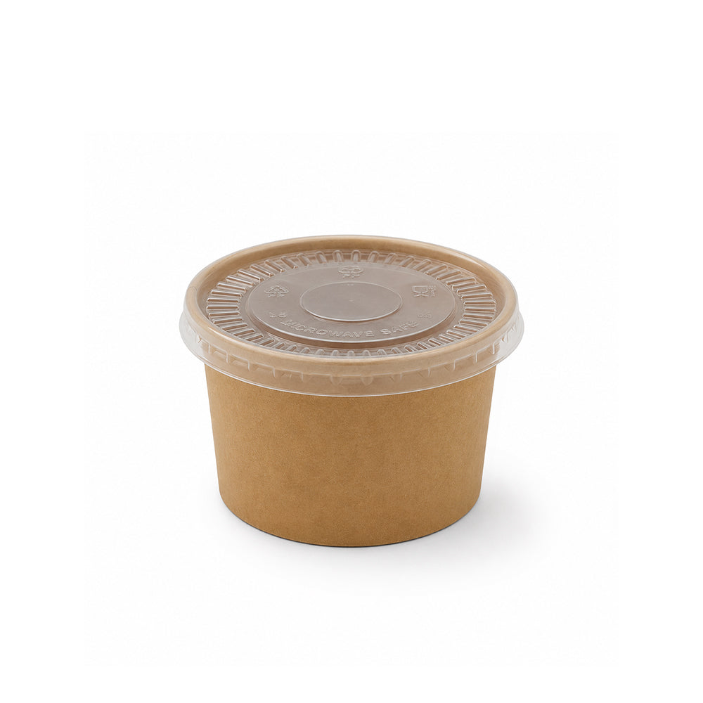 A small round kraft paper food container with a clear plastic lid