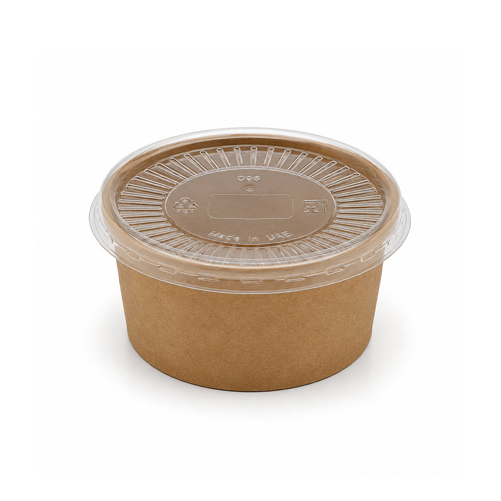 A round brown kraft paper food container with a clear plastic lid