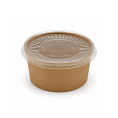 A round brown kraft paper food container with a clear plastic lid