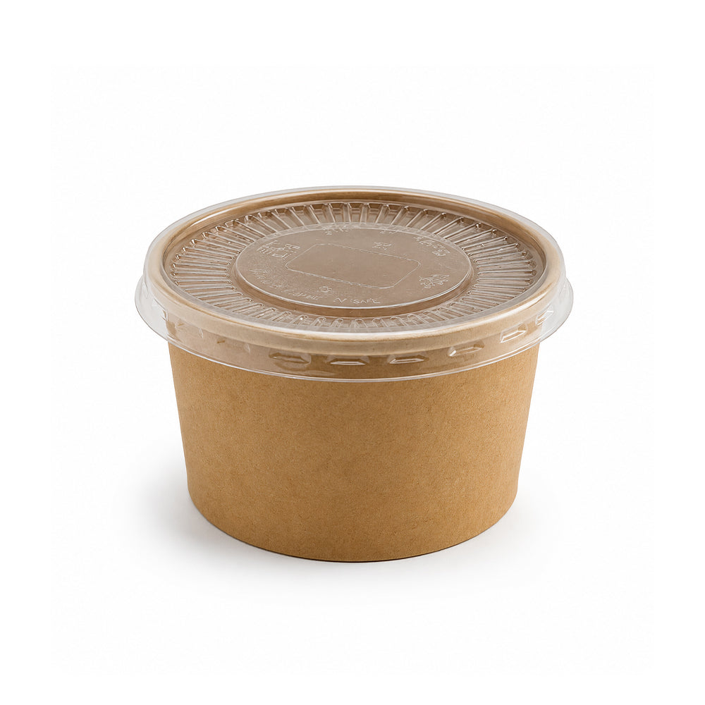 A small round brown kraft paper food container with a clear plastic lid