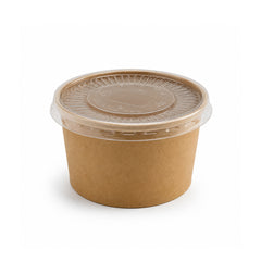 A small round brown kraft paper food container with a clear plastic lid