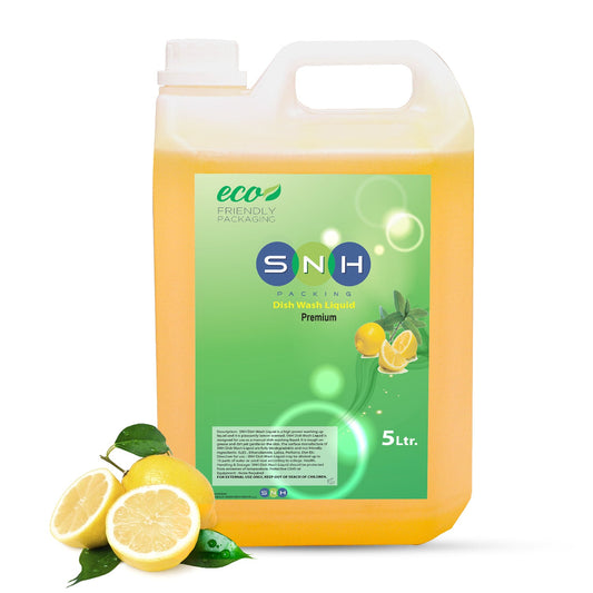 A 5-liter yellow bottle of SNH Dish Wash Lemon with lemon slices and green leaves illustrating the product's lemon scent and freshness.
