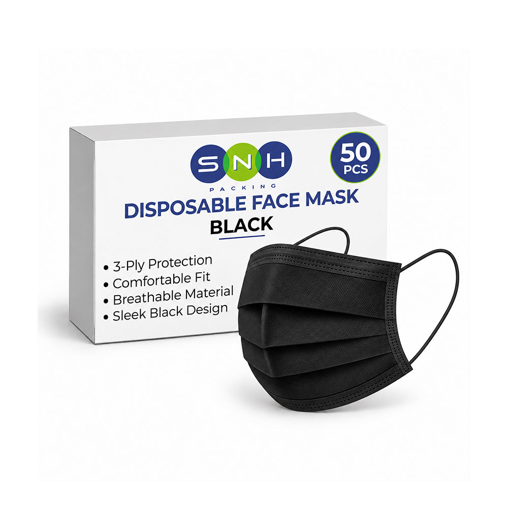 A black 3-ply disposable face mask shown in front of its white packaging box, which features the SNH PACKING brand logo and a blue '50 PCS' badge.