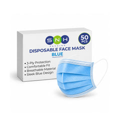 A box of SNH Disposable Face Mask Blue next to a single blue pleated face mask with white ear loops