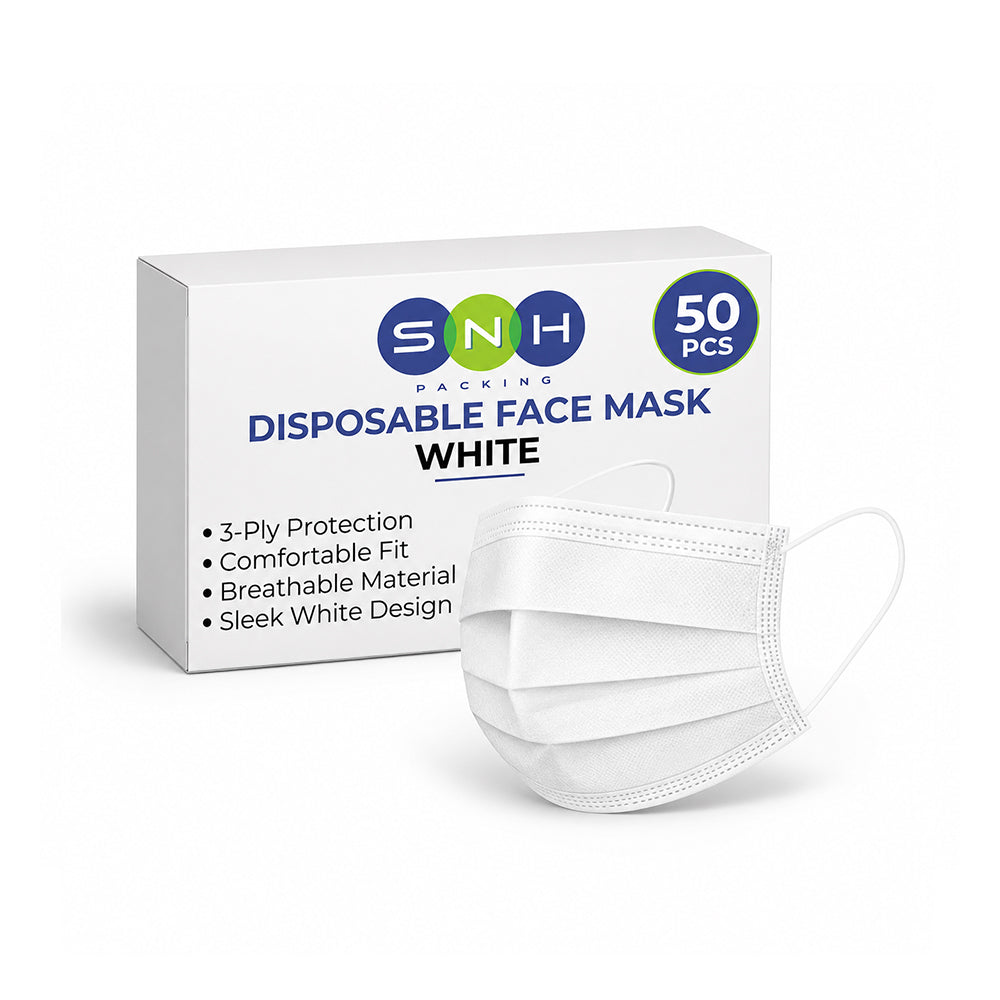 A white box of SNH Jacking disposable face masks with a single white pleated mask placed in front