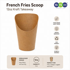 A 12oz kraft paper French Fries Scoop by SNH Packaging, with feature callouts and icons highlighting its food-grade paper, grease resistance, eco-friendliness, and open design.